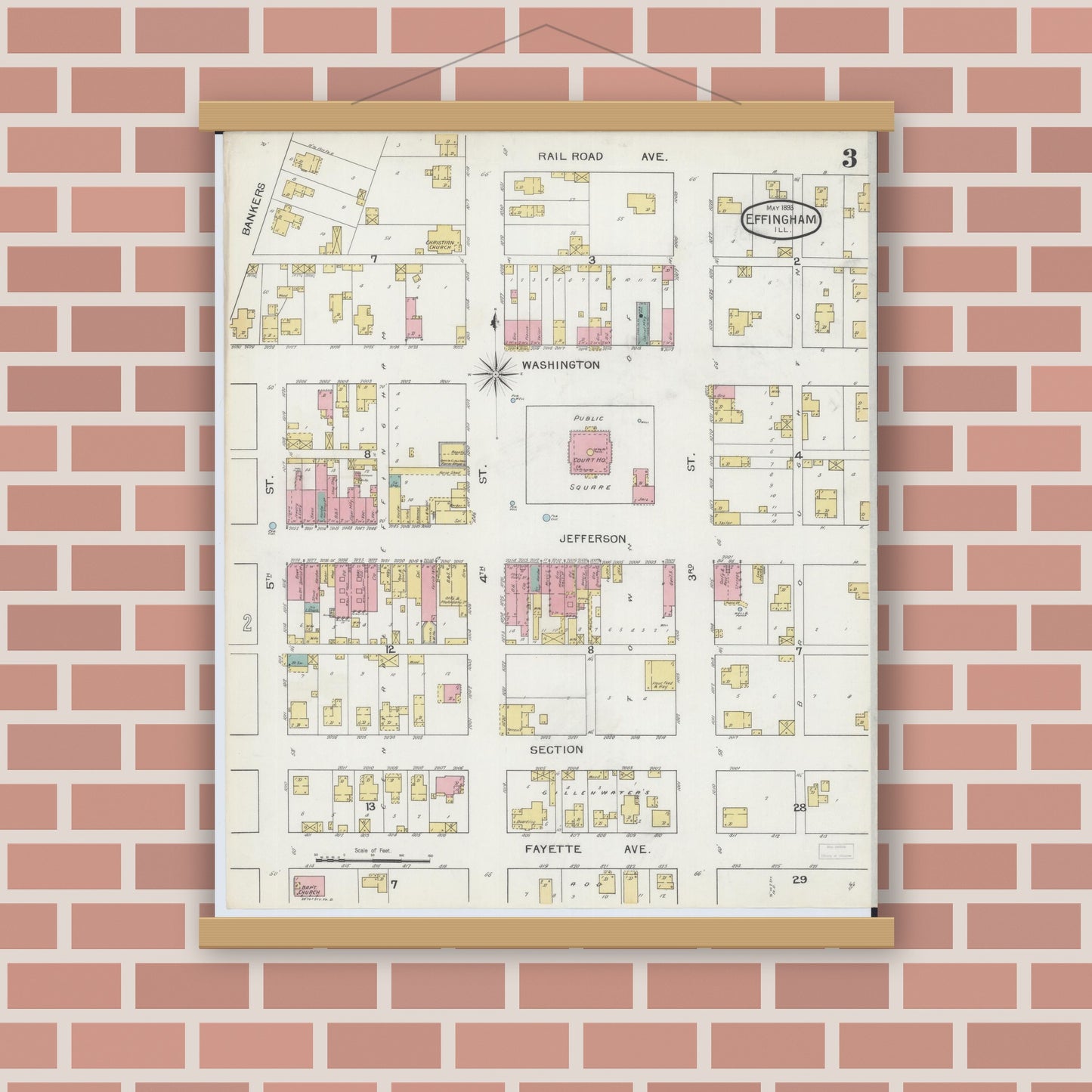 Old map wall art mockup — magnetic wood frame on brick wall — Sanborn Fire Insurance Map from Effingham, Effingham County, Illinois (1893), Sheet #0003