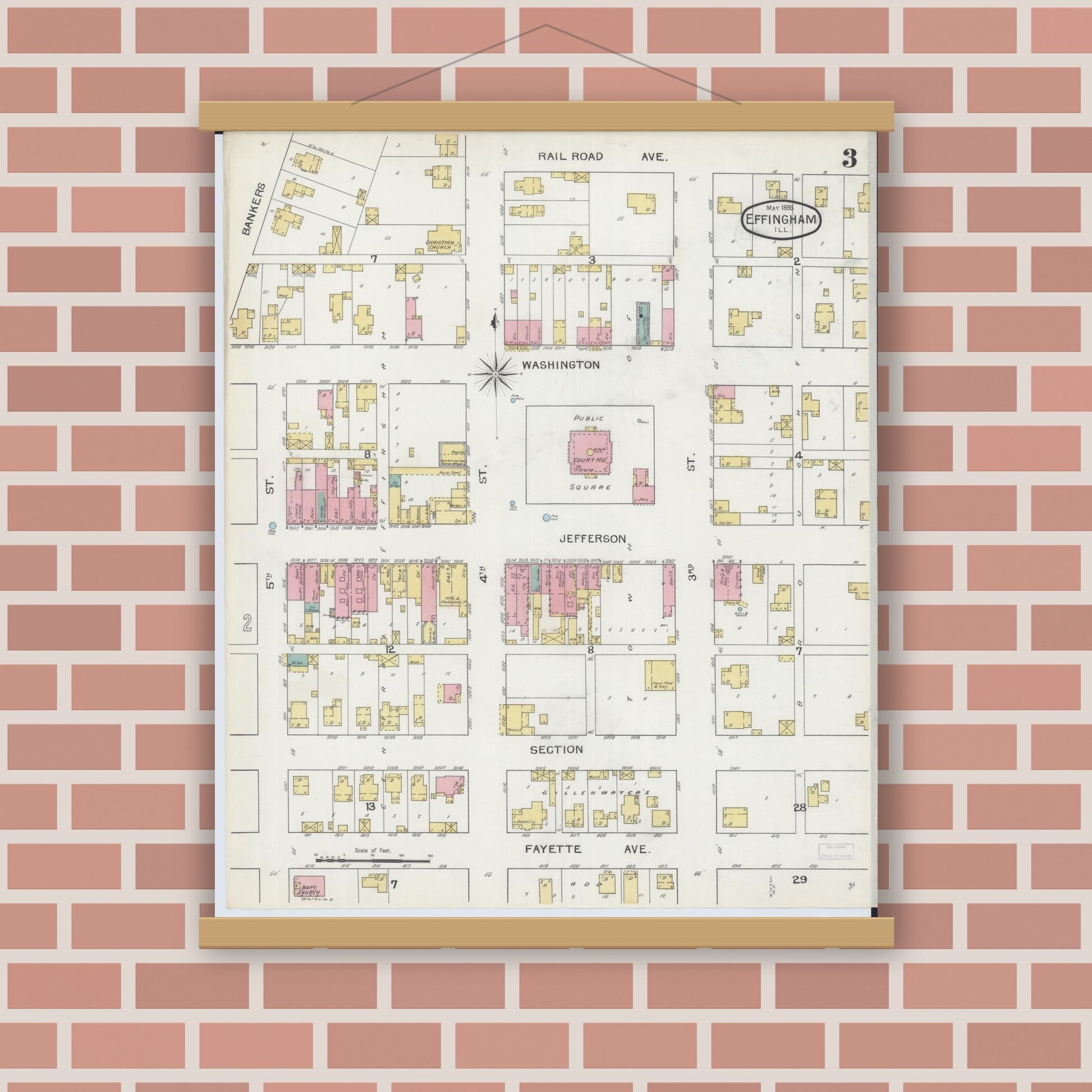 Old map wall art mockup — magnetic wood frame on brick wall — Sanborn Fire Insurance Map from Effingham, Effingham County, Illinois (1893), Sheet #0003