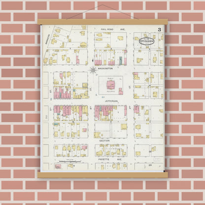 Old map wall art mockup — magnetic wood frame on brick wall — Sanborn Fire Insurance Map from Effingham, Effingham County, Illinois (1893), Sheet #0003