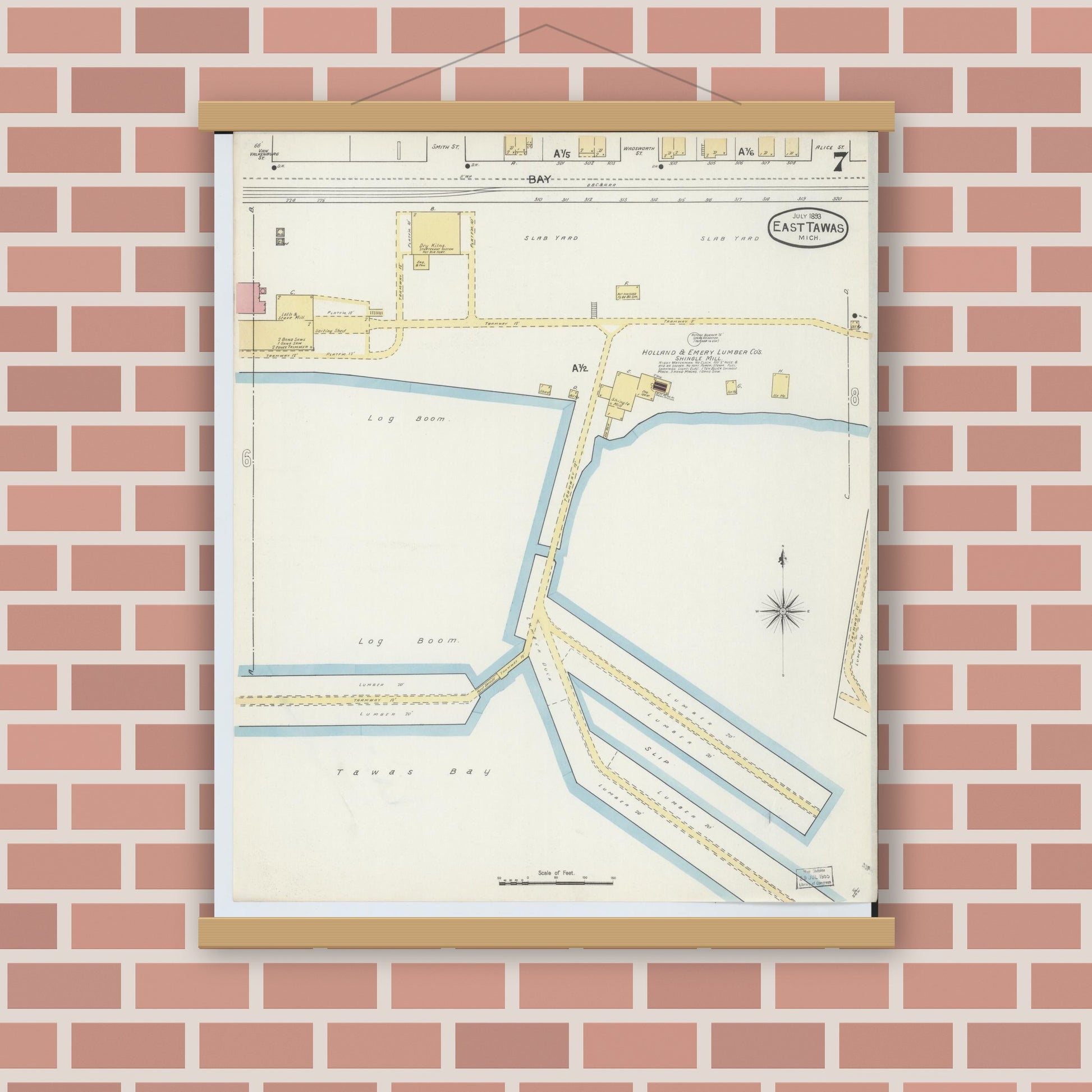 Old map wall art mockup — magnetic wood frame on brick wall — Sanborn Fire Insurance Map from East Tawas, Iosco County, Michigan (1893), Sheet #0007
