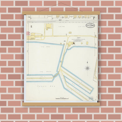 Old map wall art mockup — magnetic wood frame on brick wall — Sanborn Fire Insurance Map from East Tawas, Iosco County, Michigan (1893), Sheet #0007