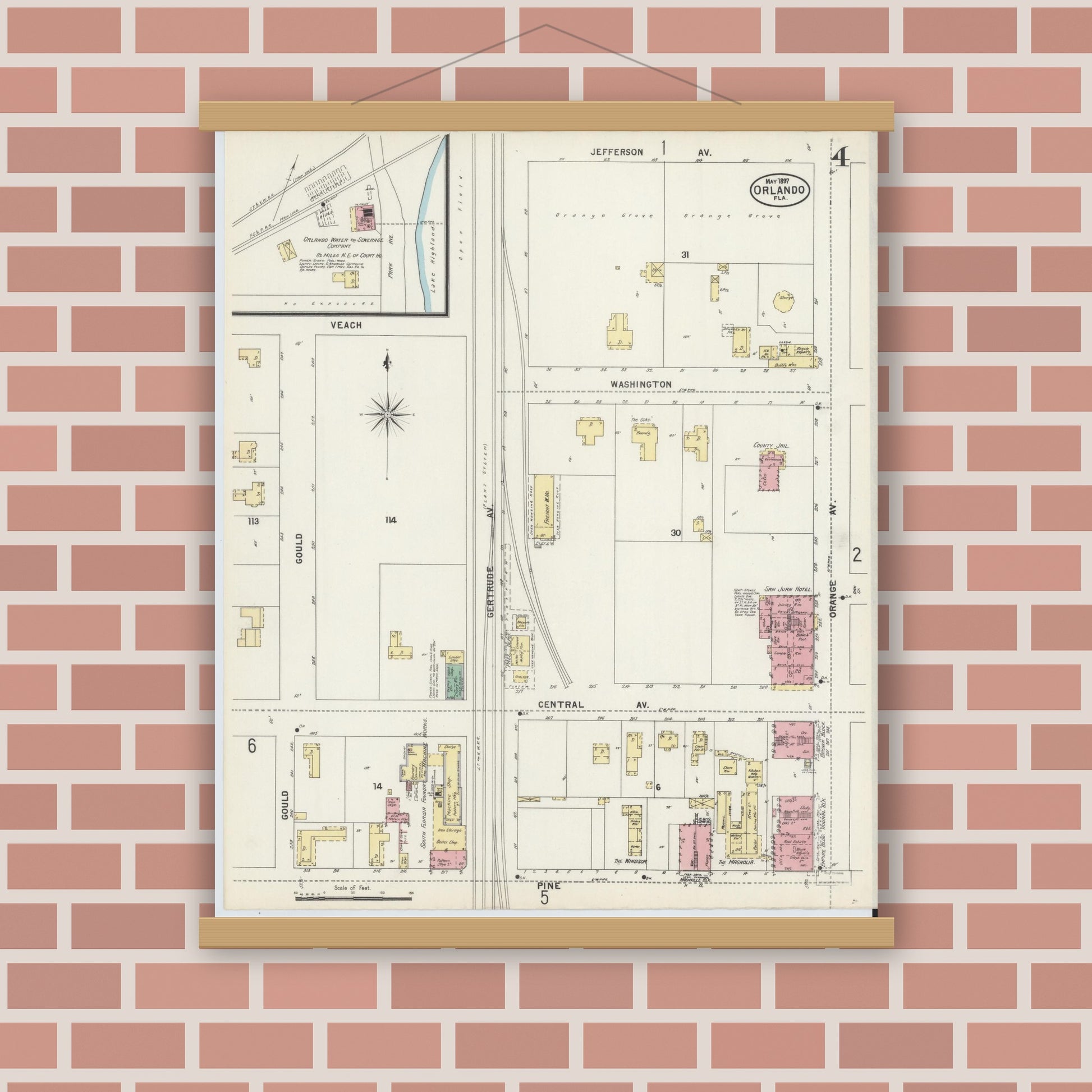 Old map wall art mockup — magnetic wood frame on brick wall — Sanborn Fire Insurance Map from Orlando, Orange County, Florida (1897), Sheet #0004