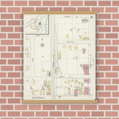 Old map wall art mockup — magnetic wood frame on brick wall — Sanborn Fire Insurance Map from Orlando, Orange County, Florida (1897), Sheet #0004