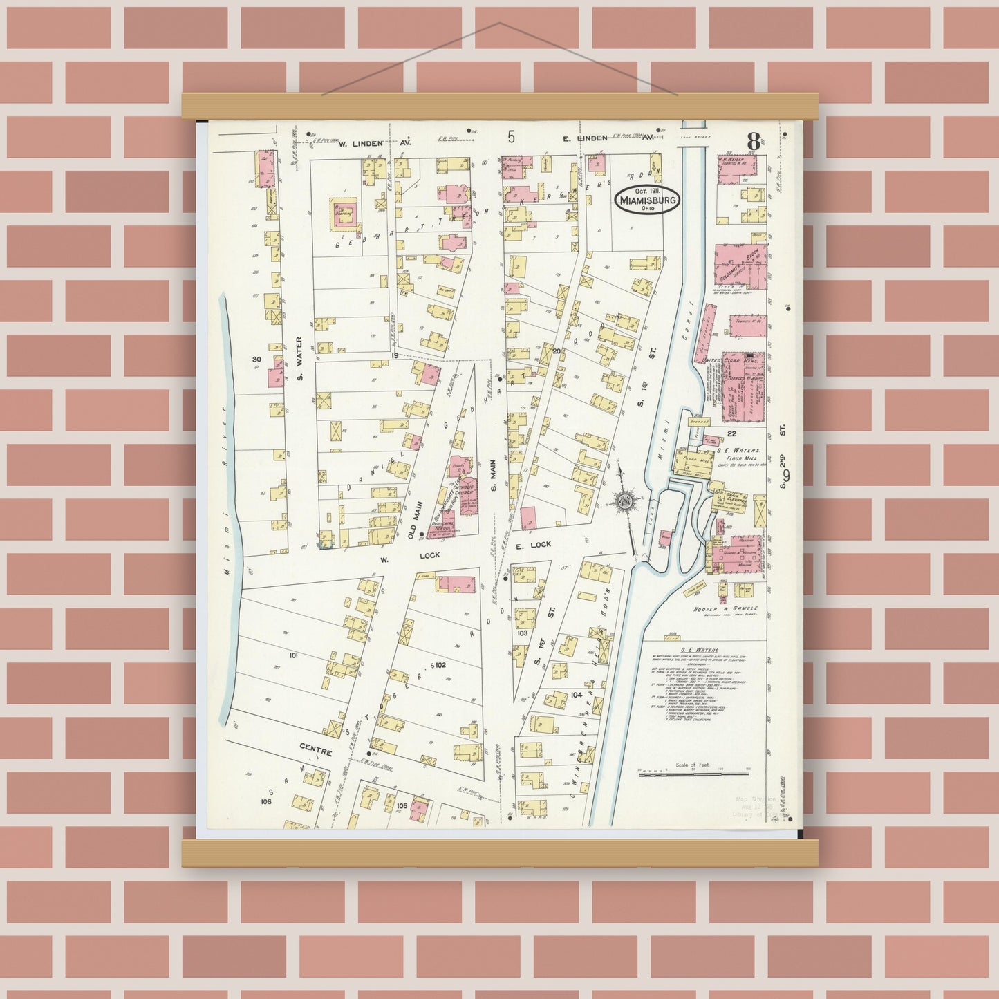 Old map wall art mockup — magnetic wood frame on brick wall — Sanborn Fire Insurance Map from Miamisburg, Montgomery County, Ohio (1911), Sheet #0008