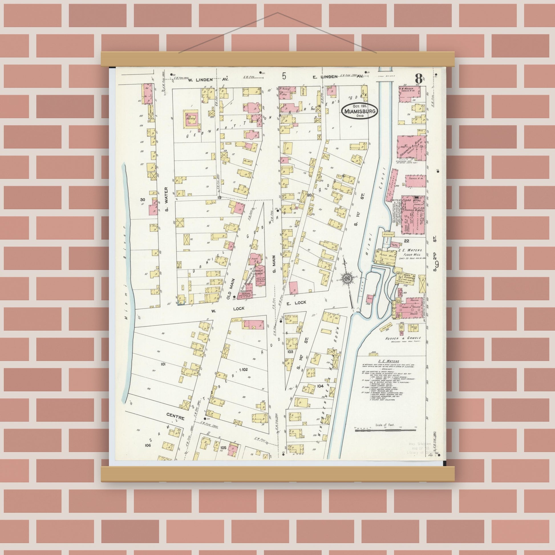 Old map wall art mockup — magnetic wood frame on brick wall — Sanborn Fire Insurance Map from Miamisburg, Montgomery County, Ohio (1911), Sheet #0008