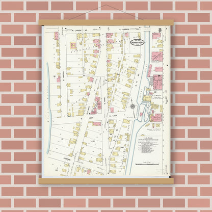 Old map wall art mockup — magnetic wood frame on brick wall — Sanborn Fire Insurance Map from Miamisburg, Montgomery County, Ohio (1911), Sheet #0008