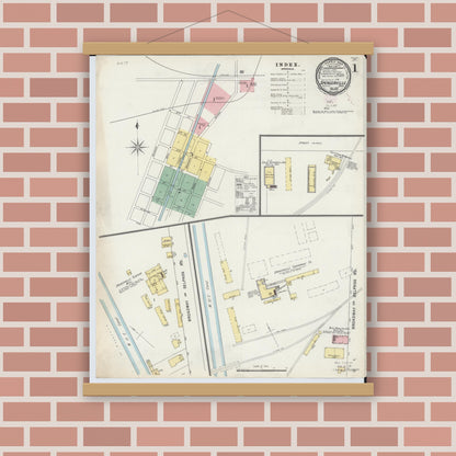 Old map wall art mockup — magnetic wood frame on brick wall — Sanborn Fire Insurance Map from Spencerville, Allen County, Ohio (1895), Sheet #0001