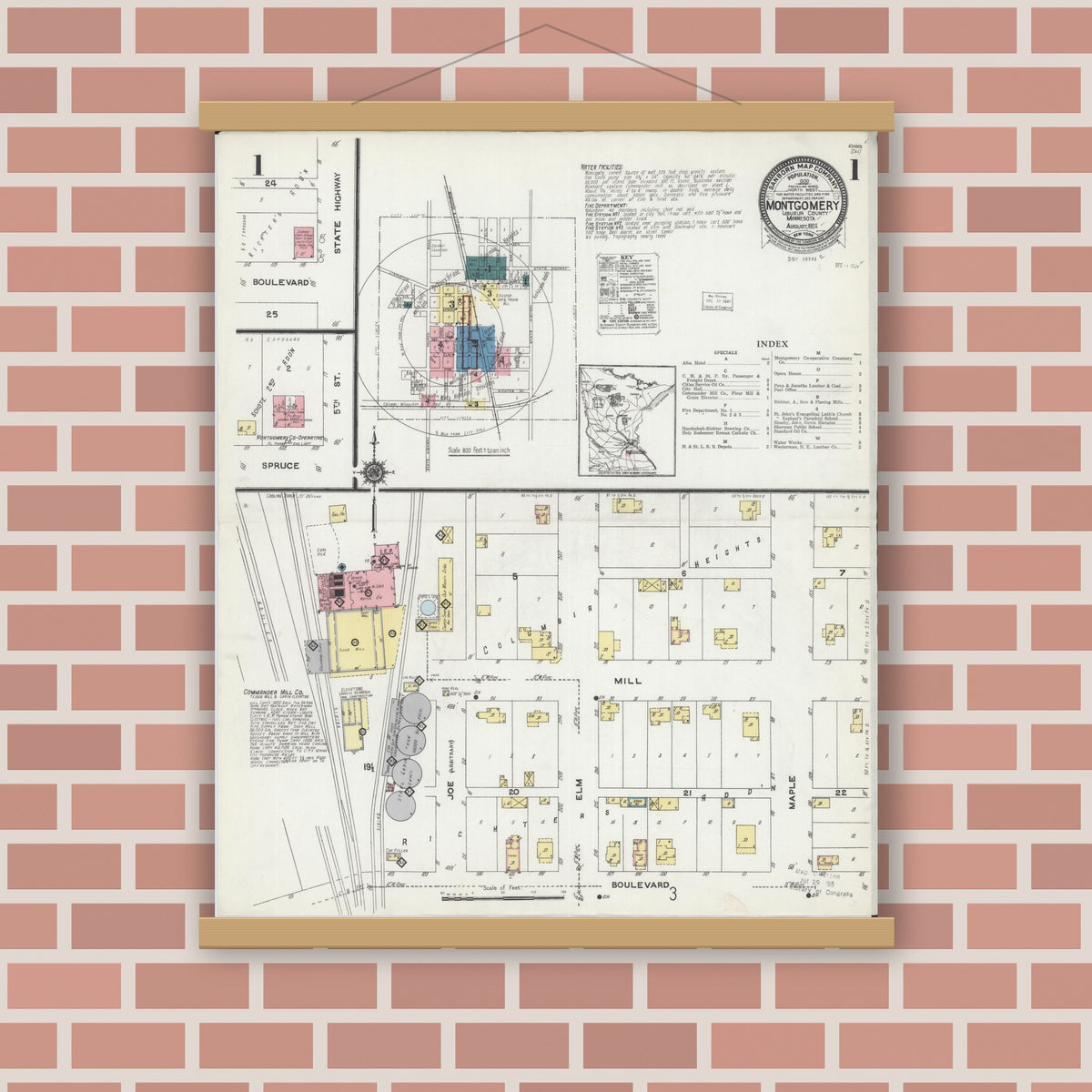 Old map wall art mockup — magnetic wood frame on brick wall — Sanborn Fire Insurance Map from Montgomery, Le Sueur County, Minnesota (1924) - Complete Map Set