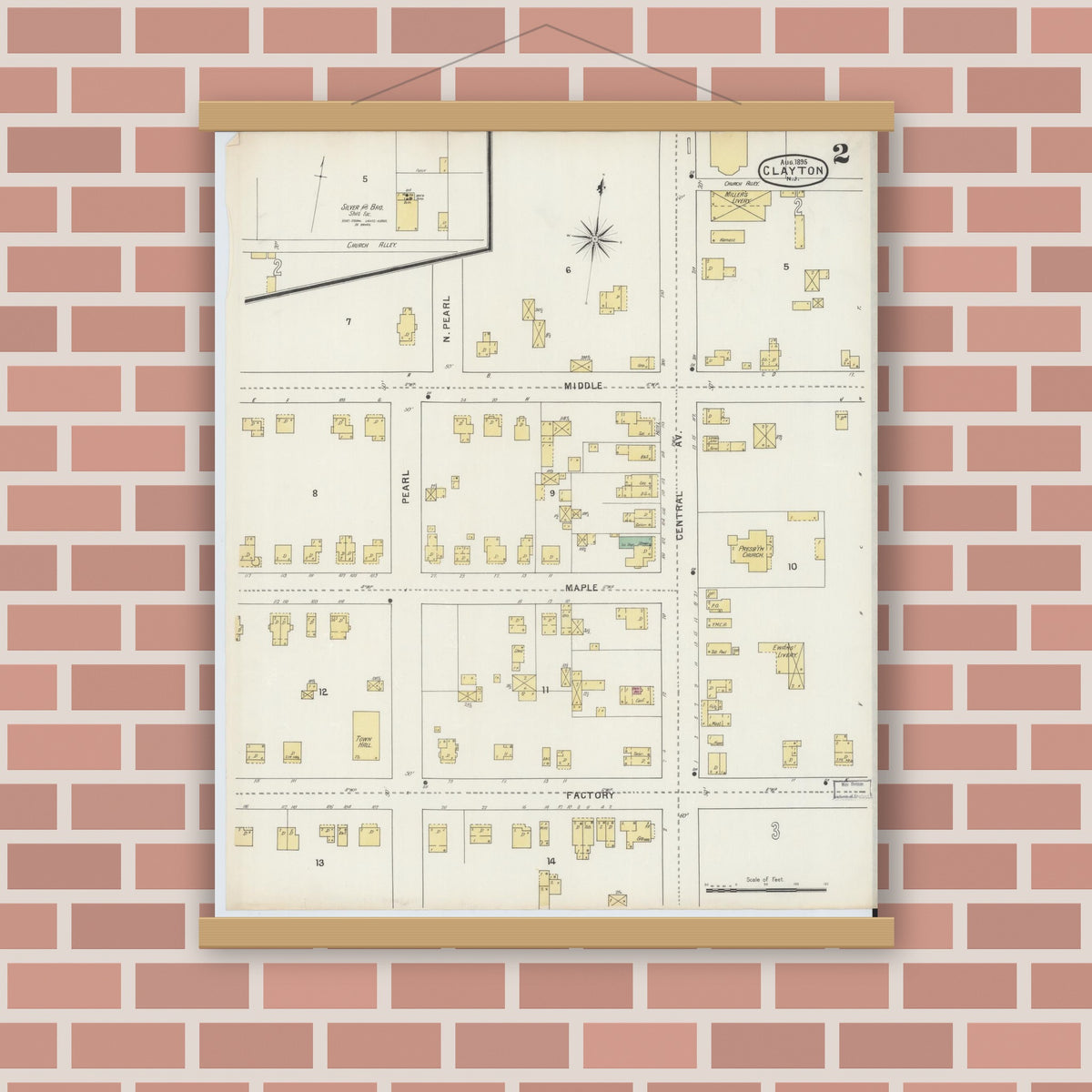 Old map wall art mockup — magnetic wood frame on brick wall — Sanborn Fire Insurance Map from Clayton, Gloucester County, New Jersey (1895), Sheet #0002