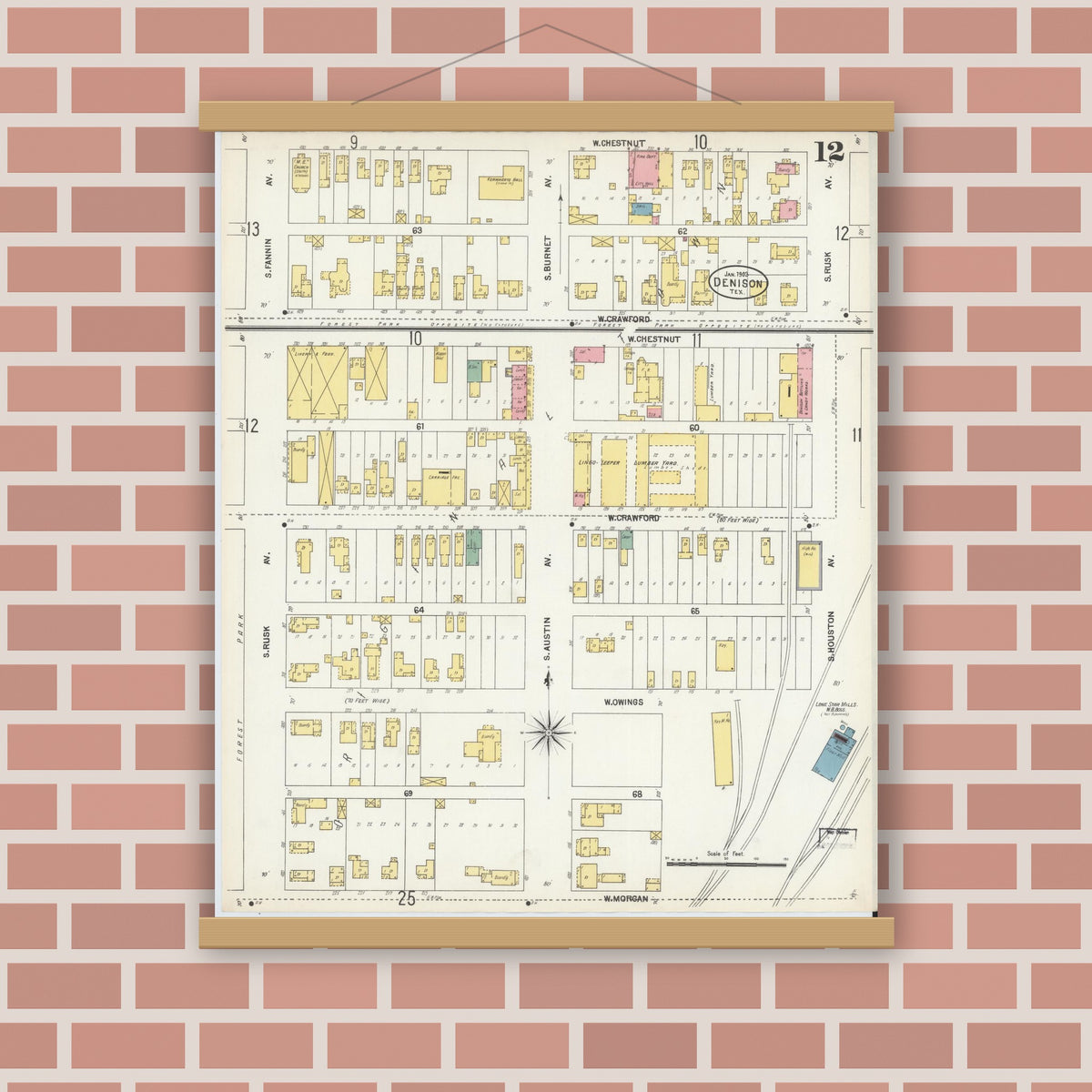 Old map wall art mockup — magnetic wood frame on brick wall — Sanborn Fire Insurance Map from Denison, Grayson County, Texas (1903), Sheet #0012