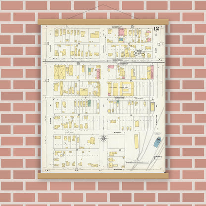 Old map wall art mockup — magnetic wood frame on brick wall — Sanborn Fire Insurance Map from Denison, Grayson County, Texas (1903), Sheet #0012