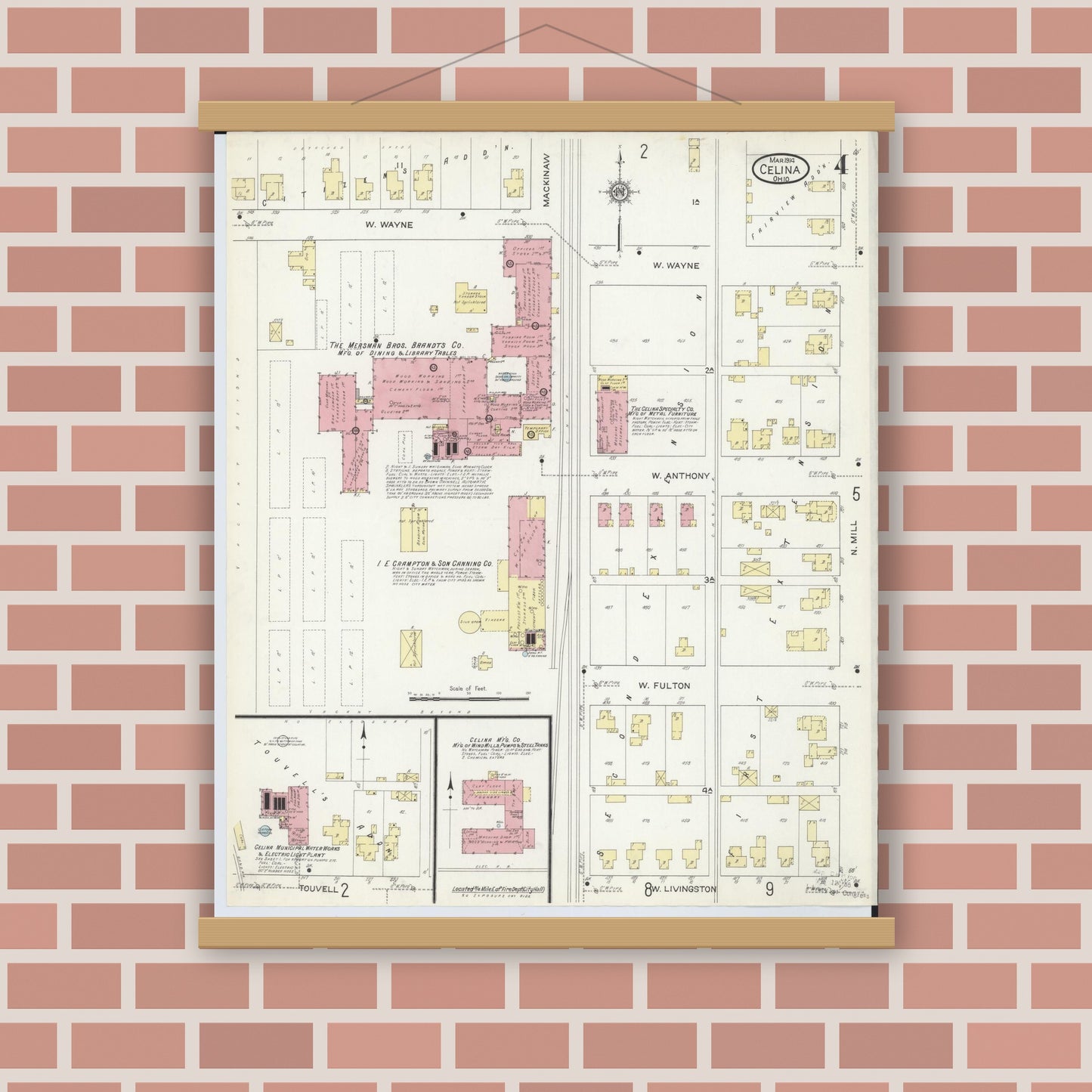 Old map wall art mockup — magnetic wood frame on brick wall — Sanborn Fire Insurance Map from Celina, Mercer County, Ohio (1914), Sheet #0004