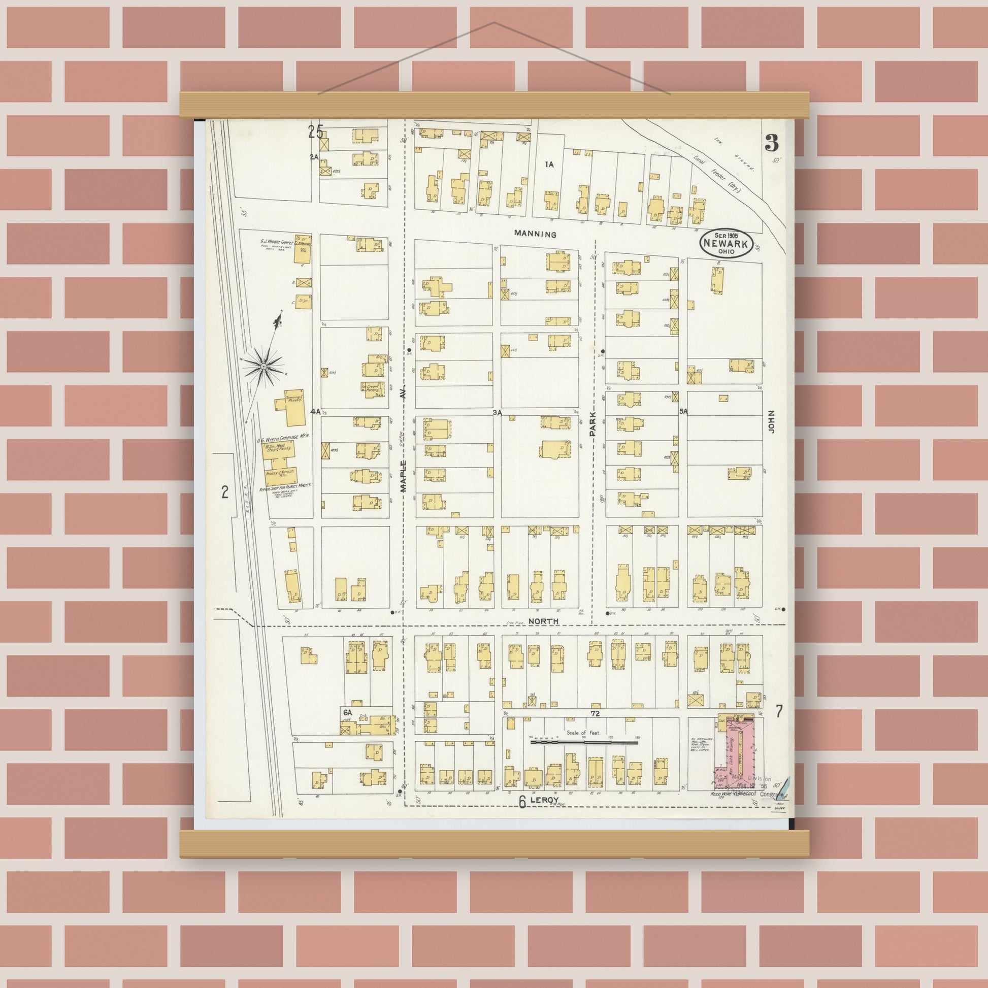 Old map wall art mockup — magnetic wood frame on brick wall — Sanborn Fire Insurance Map from Newark, Licking County, Ohio (1905), Sheet #0003