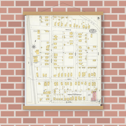 Old map wall art mockup — magnetic wood frame on brick wall — Sanborn Fire Insurance Map from Newark, Licking County, Ohio (1905), Sheet #0003