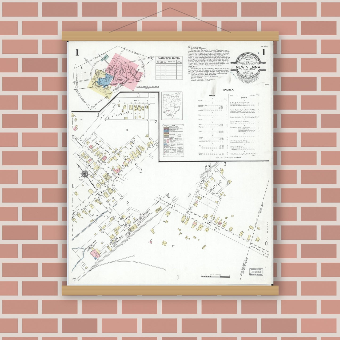Old map wall art mockup — magnetic wood frame on brick wall — Sanborn Fire Insurance Map from New Vienna, Clinton County, Ohio (1948) - Complete Map Set