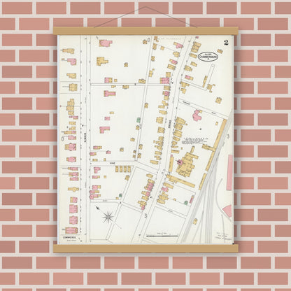 Old map wall art mockup — magnetic wood frame on brick wall — Sanborn Fire Insurance Map from Chambersburg, Franklin County, Pennsylvania (1899), Sheet #0002