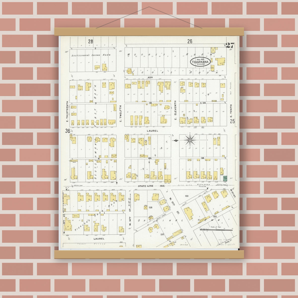 Old map wall art mockup — magnetic wood frame on brick wall — Sanborn Fire Insurance Map from Texarkana, Bowie County, Texas (1909), Sheet #0027
