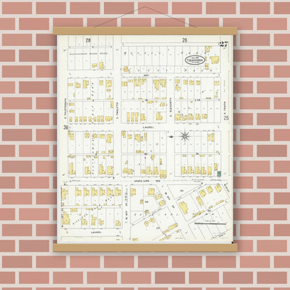 Old map wall art mockup — magnetic wood frame on brick wall — Sanborn Fire Insurance Map from Texarkana, Bowie County, Texas (1909), Sheet #0027