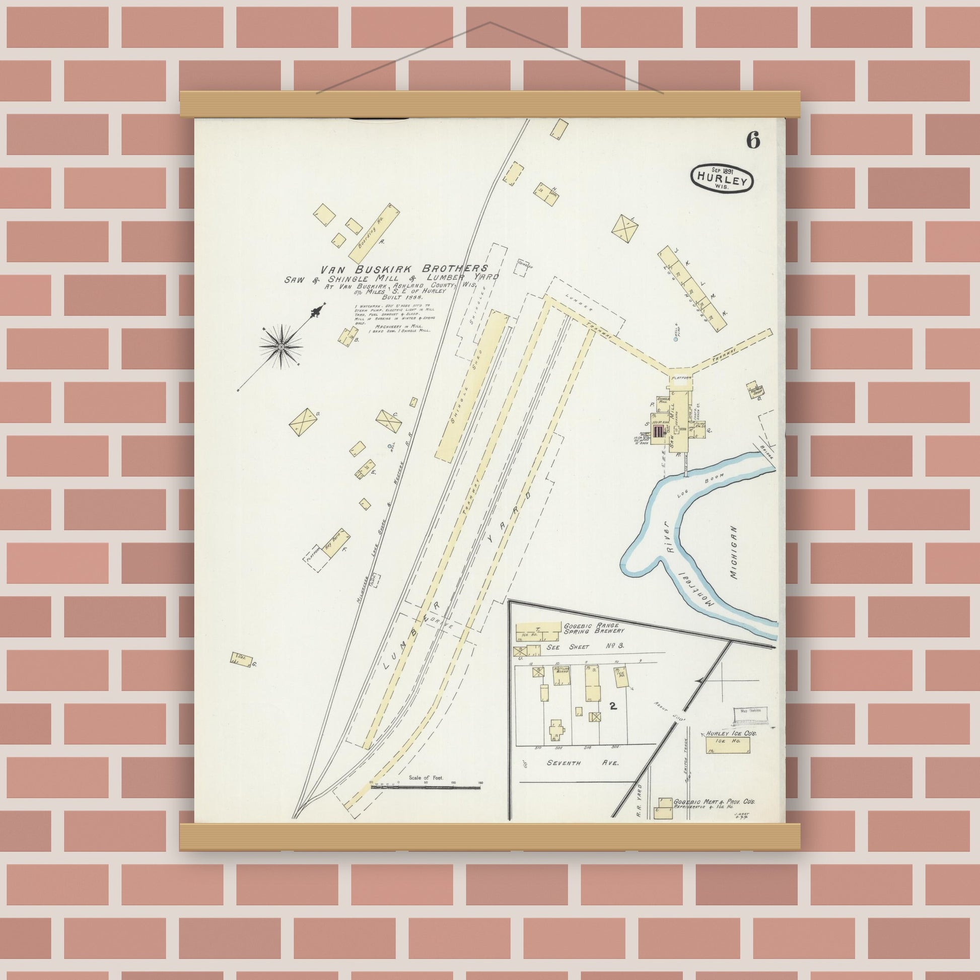 Old map wall art mockup — magnetic wood frame on brick wall — Sanborn Fire Insurance Map from Hurley, Iron County, Wisconsin (1891), Sheet #0006