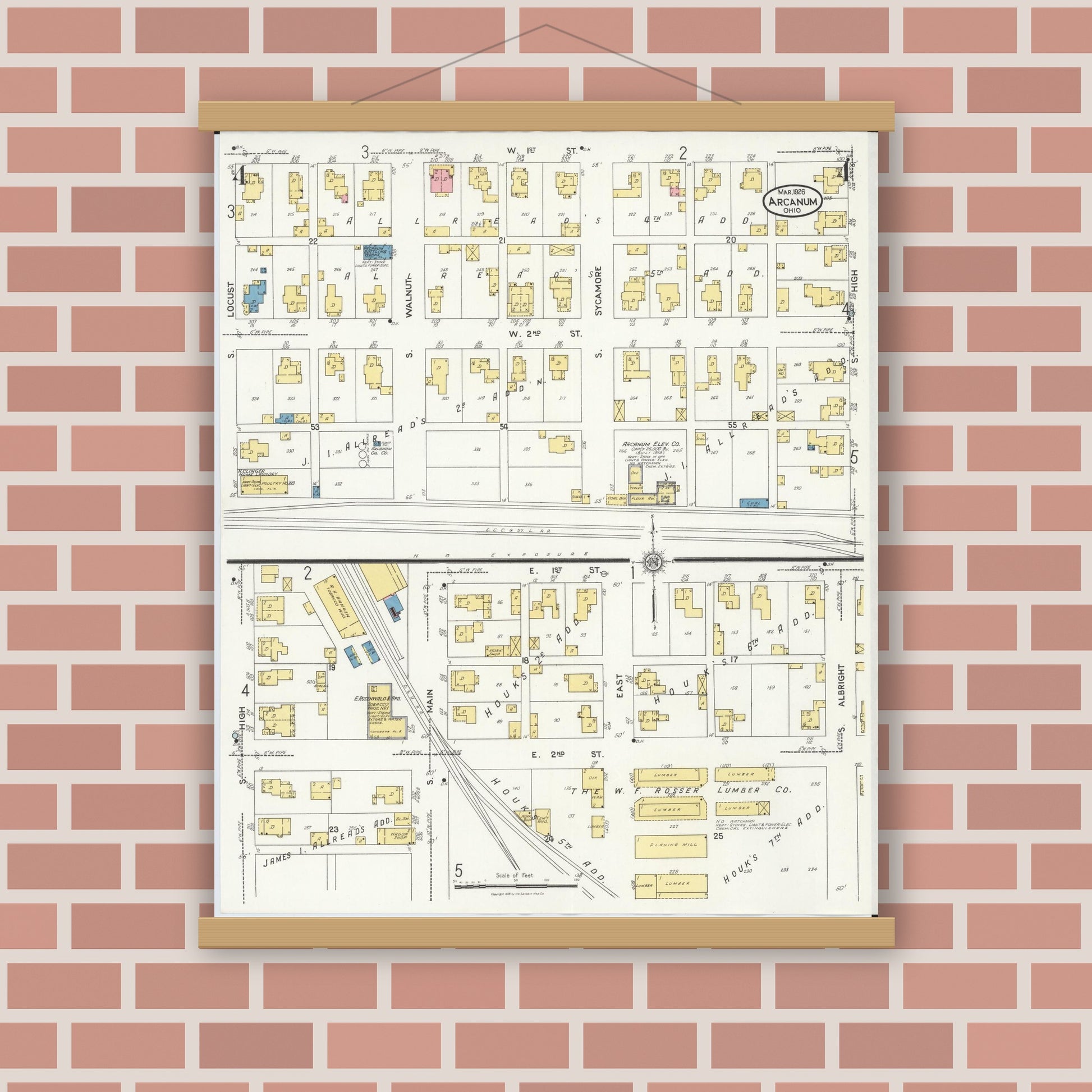 Old map wall art mockup — magnetic wood frame on brick wall — Sanborn Fire Insurance Map from Arcanum, Darke County, Ohio (1926), Sheet #0004