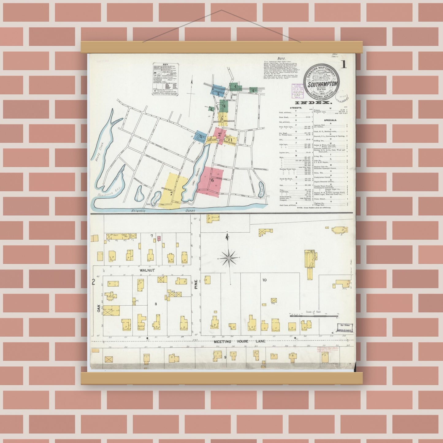Old map wall art mockup — magnetic wood frame on brick wall — Sanborn Fire Insurance Map from Southampton, Suffolk County, New York (1902), Sheet #0001