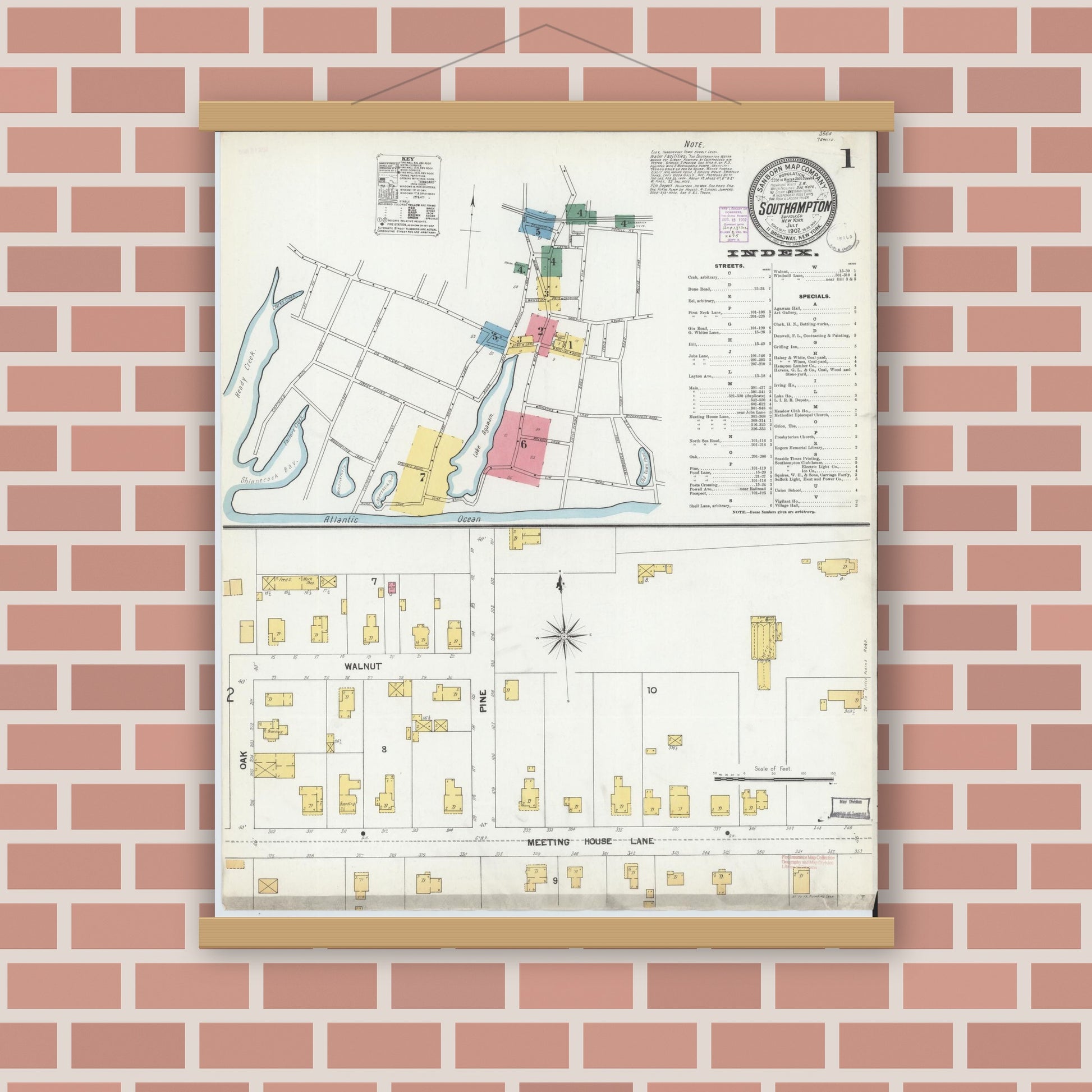 Old map wall art mockup — magnetic wood frame on brick wall — Sanborn Fire Insurance Map from Southampton, Suffolk County, New York (1902), Sheet #0001