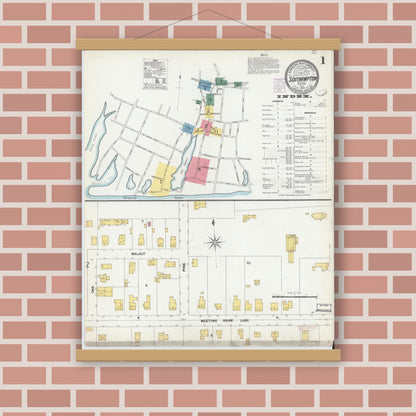 Old map wall art mockup — magnetic wood frame on brick wall — Sanborn Fire Insurance Map from Southampton, Suffolk County, New York (1902), Sheet #0001