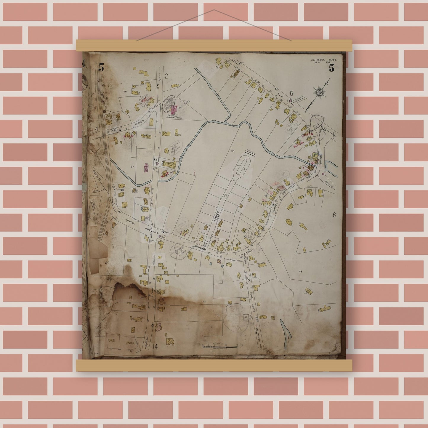 Old map wall art mockup — magnetic wood frame on brick wall — Sanborn Fire Insurance Map from Cohasset, Norfolk County, Massachusetts (1963), Sheet #0005
