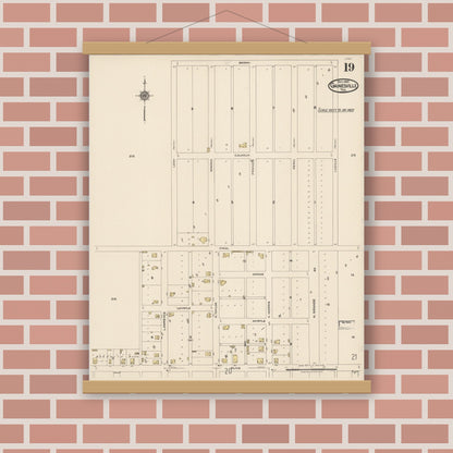 Old map wall art mockup — magnetic wood frame on brick wall — Sanborn Fire Insurance Map from Gainesville, Cooke County, Texas (1922), Sheet #0019
