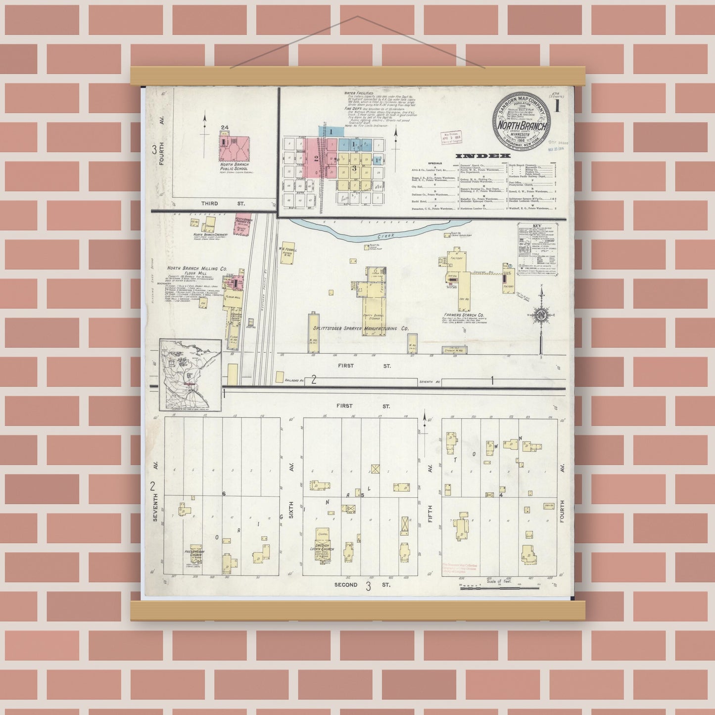 Old map wall art mockup — magnetic wood frame on brick wall — Sanborn Fire Insurance Map from North Branch, Chisago County, Minnesota (1914), Sheet #0001