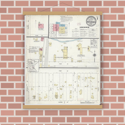 Old map wall art mockup — magnetic wood frame on brick wall — Sanborn Fire Insurance Map from North Branch, Chisago County, Minnesota (1914), Sheet #0001