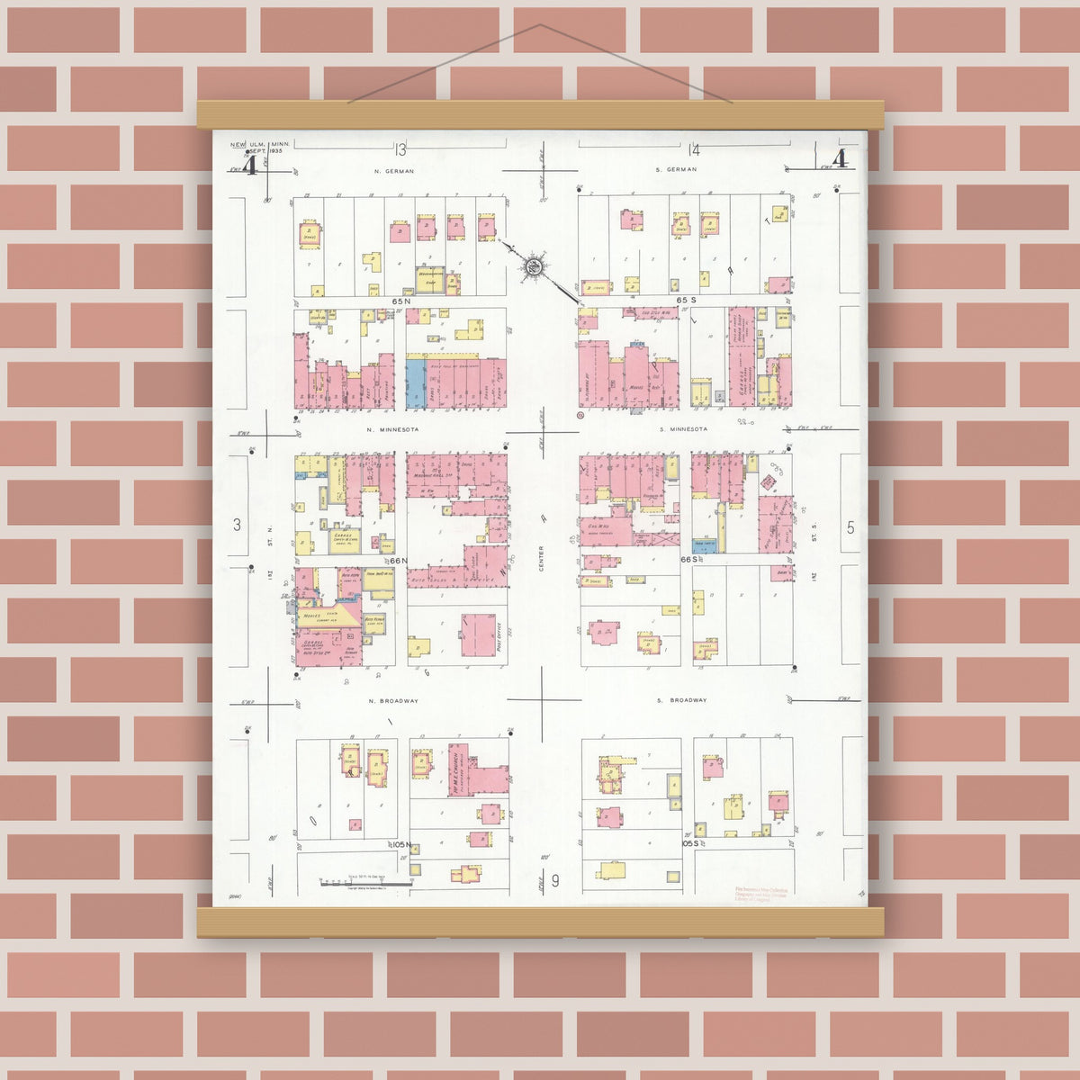 Old map wall art mockup — magnetic wood frame on brick wall — Sanborn Fire Insurance Map from New Ulm, Brown County, Minnesota (1935), Sheet #0004