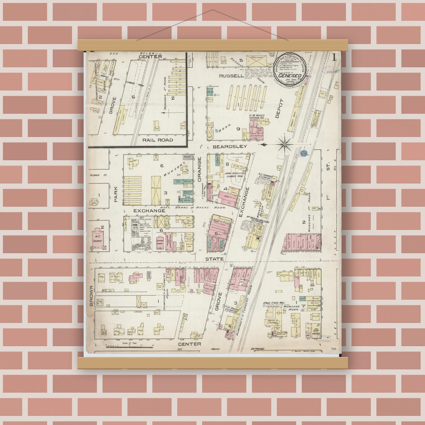Old map wall art mockup — magnetic wood frame on brick wall — Sanborn Fire Insurance Map from Geneseo, Henry County, Illinois (1886), Sheet #0001
