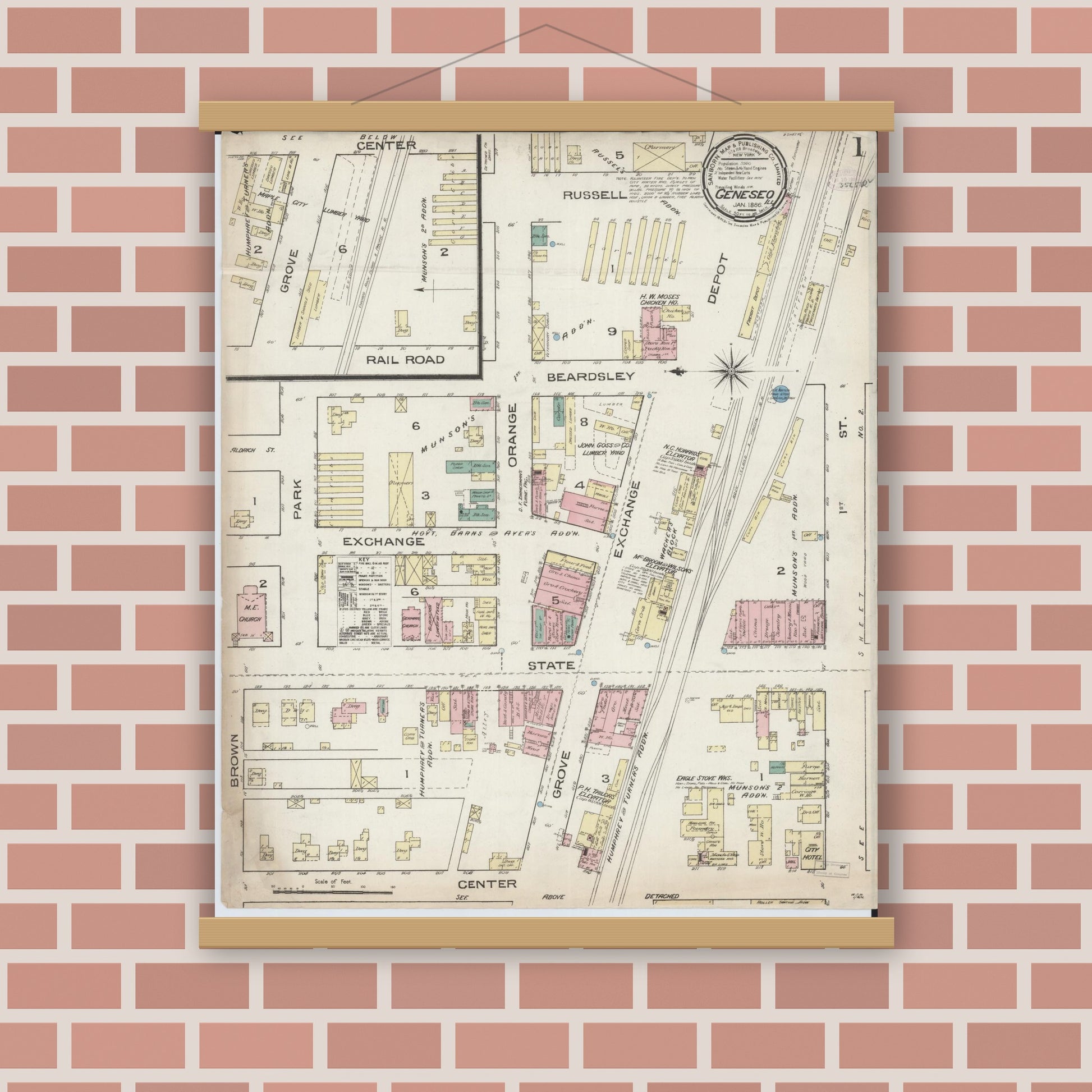 Old map wall art mockup — magnetic wood frame on brick wall — Sanborn Fire Insurance Map from Geneseo, Henry County, Illinois (1886), Sheet #0001