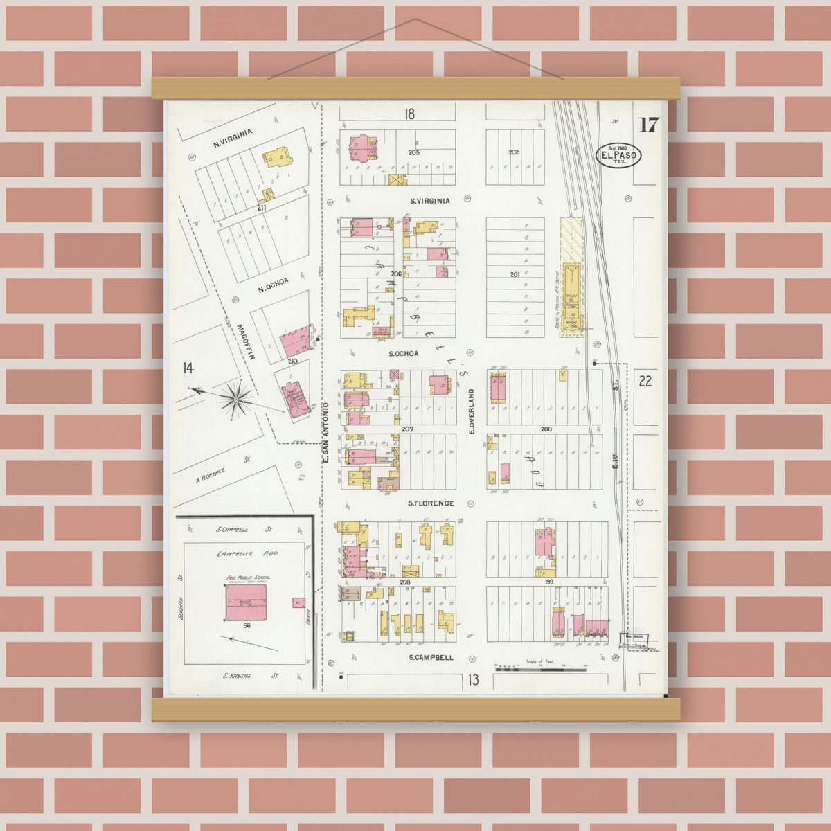 Old map wall art mockup — magnetic wood frame on brick wall — Sanborn Fire Insurance Map from El Paso, El Paso County, Texas (1900), Sheet #0017