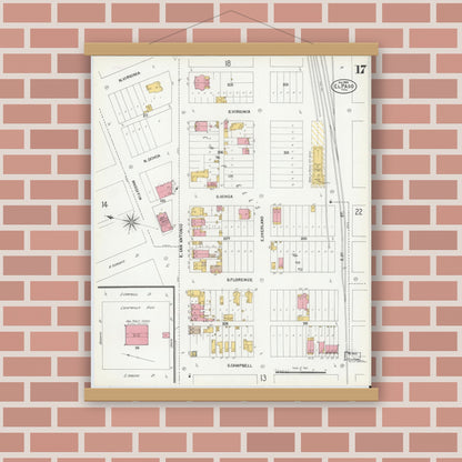 Old map wall art mockup — magnetic wood frame on brick wall — Sanborn Fire Insurance Map from El Paso, El Paso County, Texas (1900), Sheet #0017