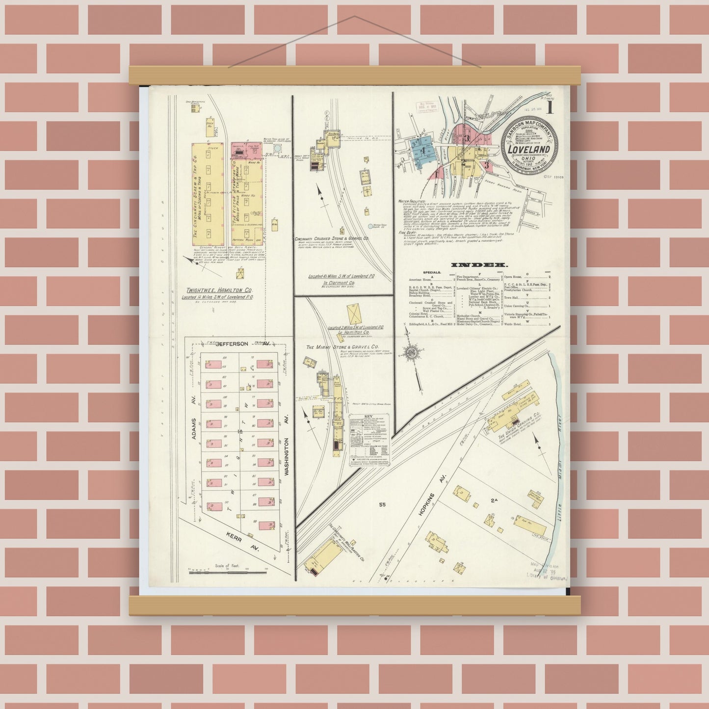 Old map wall art mockup — magnetic wood frame on brick wall — Sanborn Fire Insurance Map from Loveland, Clermont, Hamilton, And Warren County, Ohio (1911), Sheet #0001