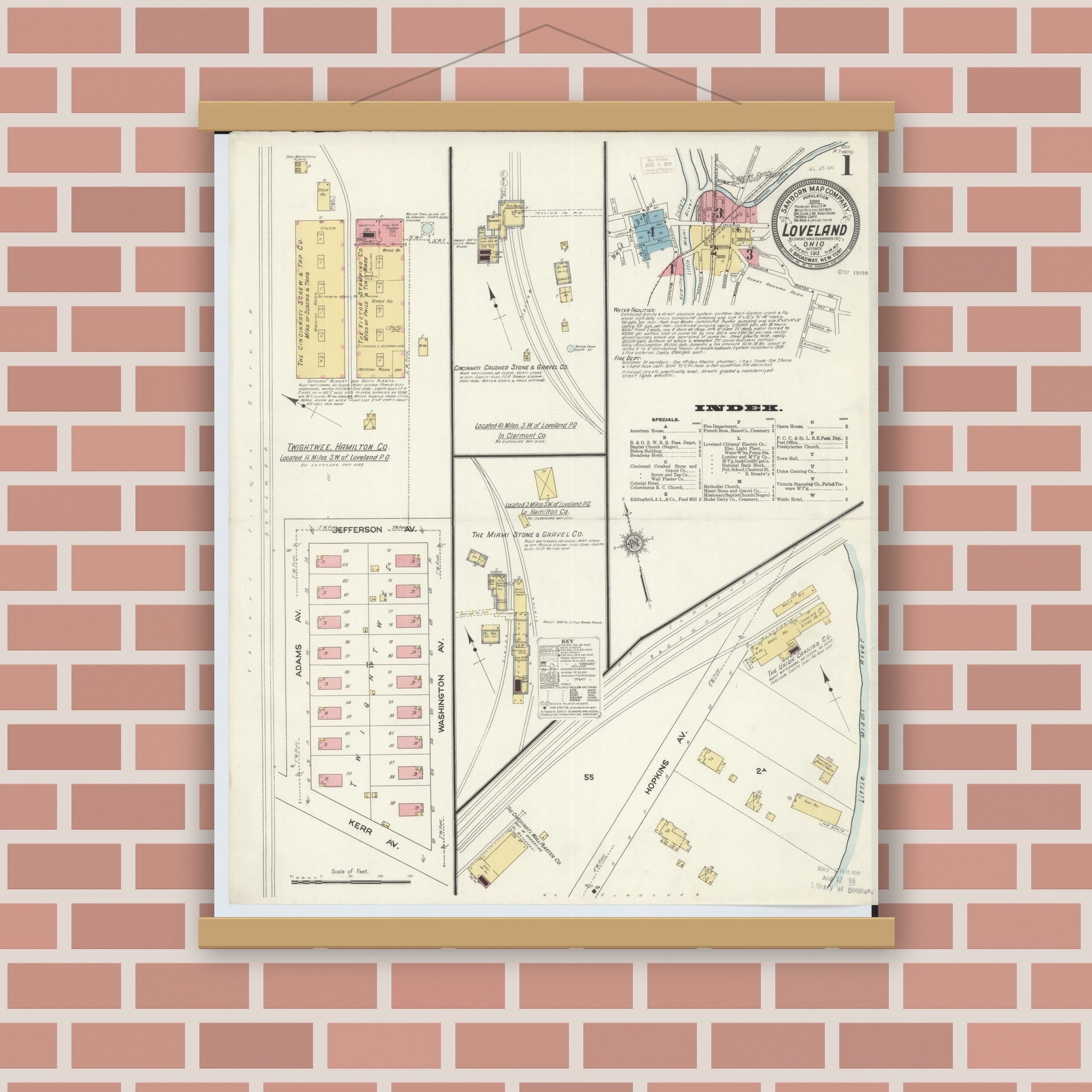 Old map wall art mockup — magnetic wood frame on brick wall — Sanborn Fire Insurance Map from Loveland, Clermont, Hamilton, And Warren County, Ohio (1911), Sheet #0001