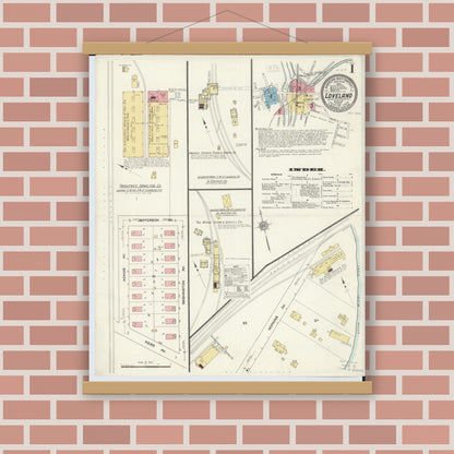 Old map wall art mockup — magnetic wood frame on brick wall — Sanborn Fire Insurance Map from Loveland, Clermont, Hamilton, And Warren County, Ohio (1911), Sheet #0001