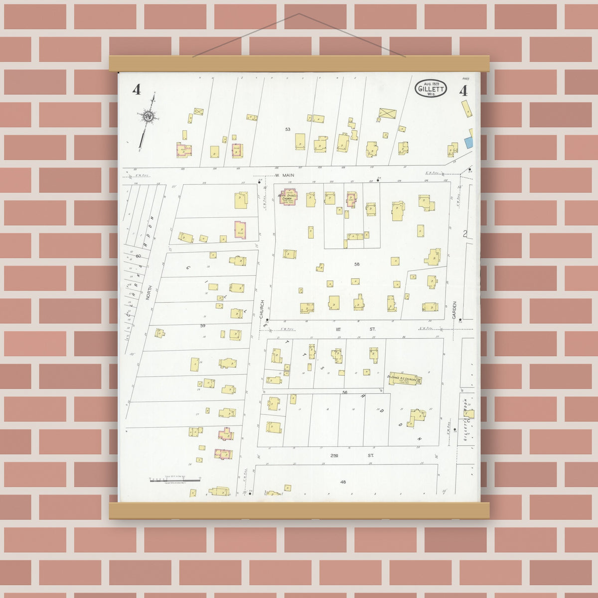 Old map wall art mockup — magnetic wood frame on brick wall — Sanborn Fire Insurance Map from Gillett, Oconto County, Wisconsin (1929), Sheet #0004