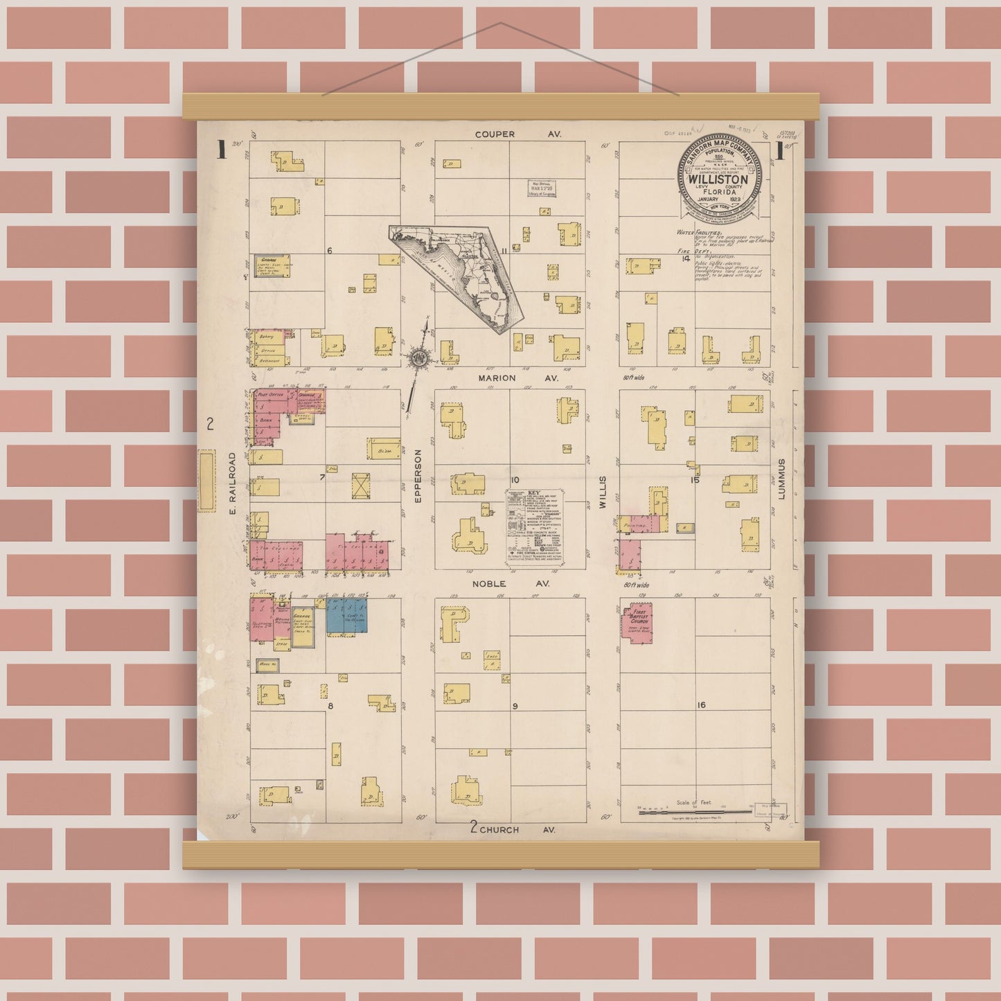 Old map wall art mockup — magnetic wood frame on brick wall — Sanborn Fire Insurance Map from Williston, Levy County, Florida (1923) - Complete Map Set