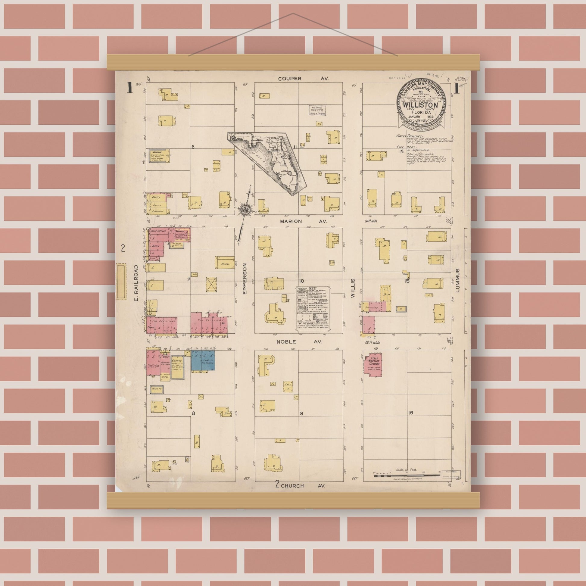 Old map wall art mockup — magnetic wood frame on brick wall — Sanborn Fire Insurance Map from Williston, Levy County, Florida (1923) - Complete Map Set