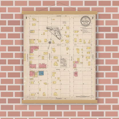 Old map wall art mockup — magnetic wood frame on brick wall — Sanborn Fire Insurance Map from Williston, Levy County, Florida (1923) - Complete Map Set