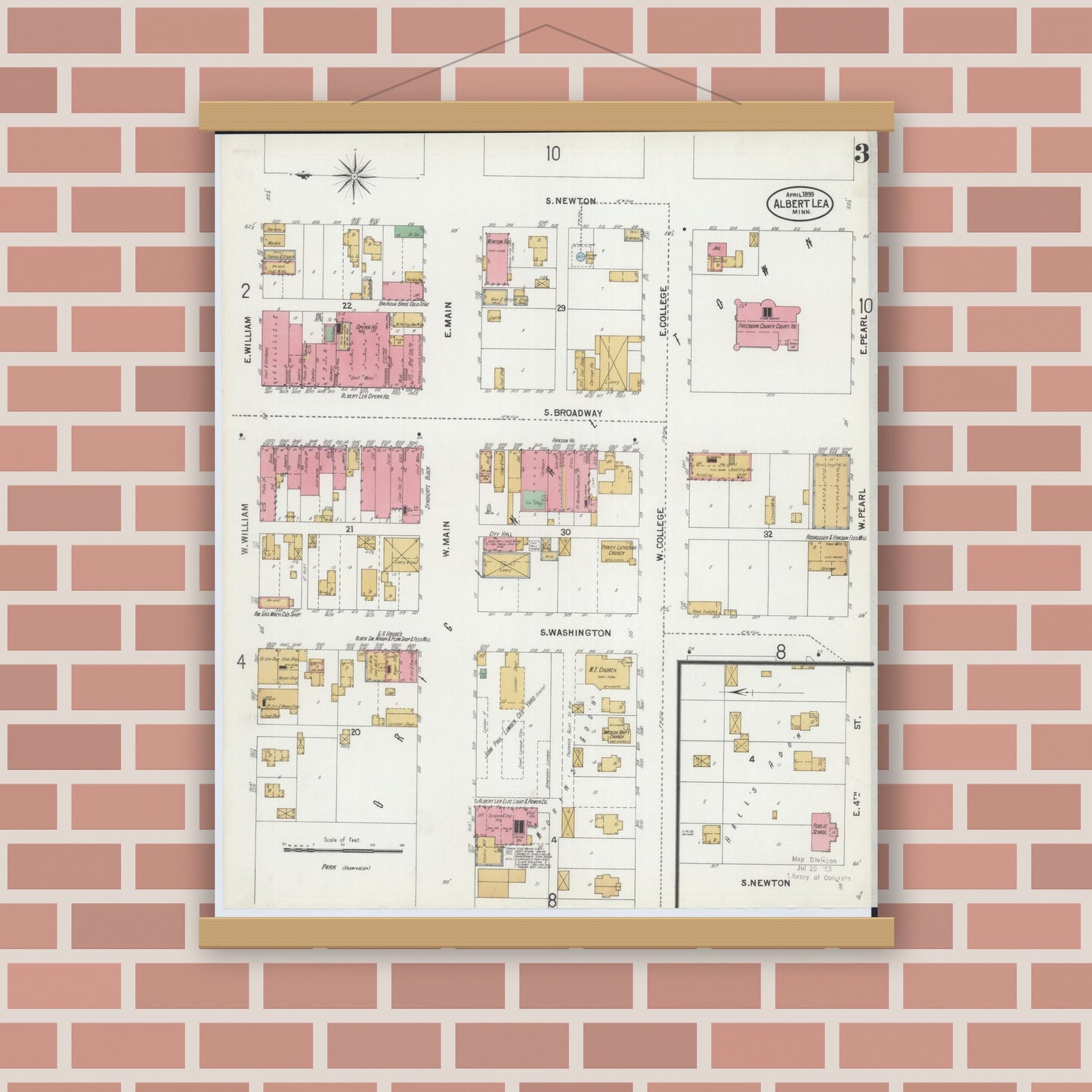 Old map wall art mockup — magnetic wood frame on brick wall — Sanborn Fire Insurance Map from Albert Lea, Freeborn County, Minnesota (1899), Sheet #0003