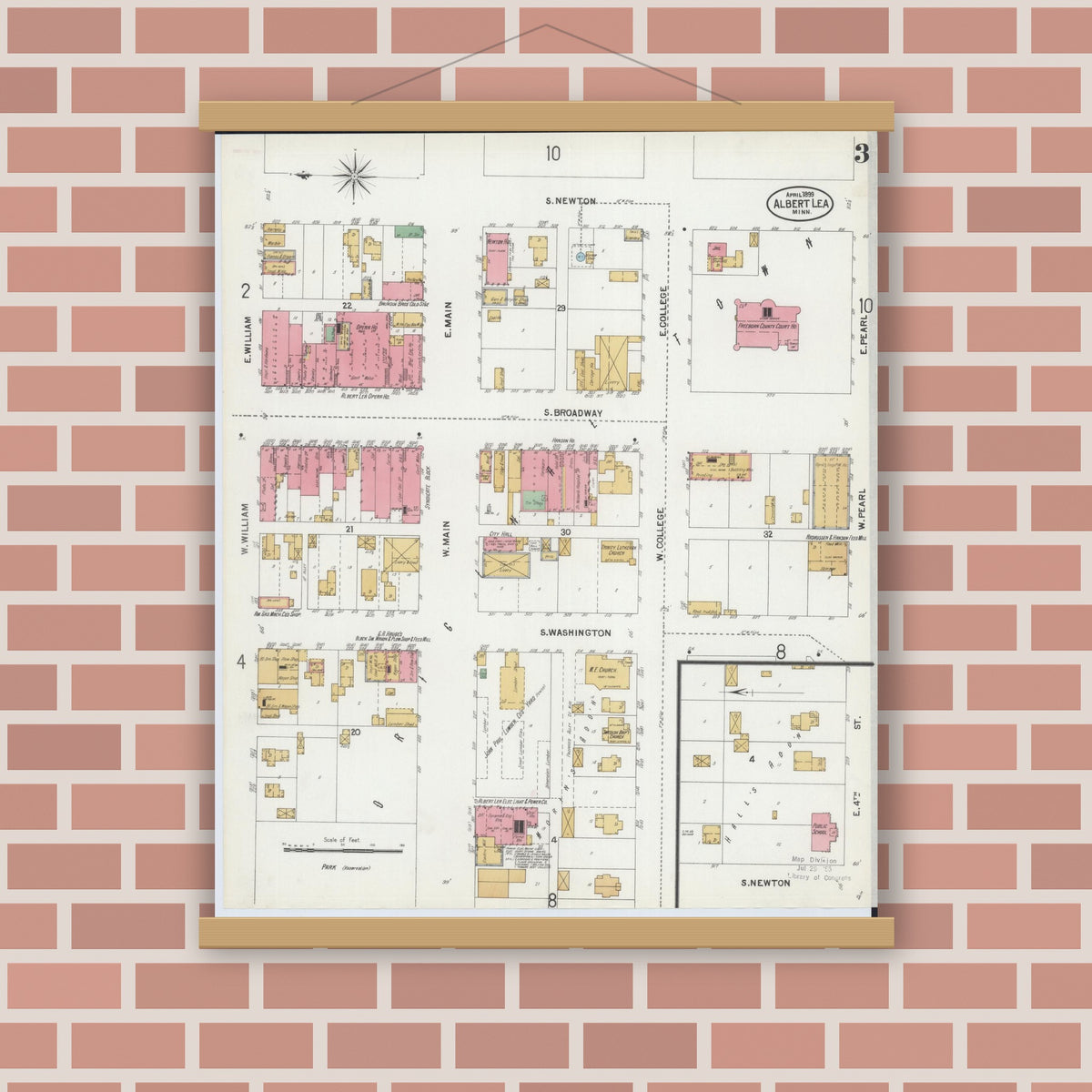 Old map wall art mockup — magnetic wood frame on brick wall — Sanborn Fire Insurance Map from Albert Lea, Freeborn County, Minnesota (1899), Sheet #0003