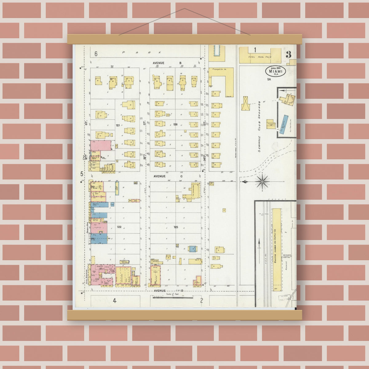 Old map wall art mockup — magnetic wood frame on brick wall — Sanborn Fire Insurance Map from Miami, Dade County, Florida (1903), Sheet #0003