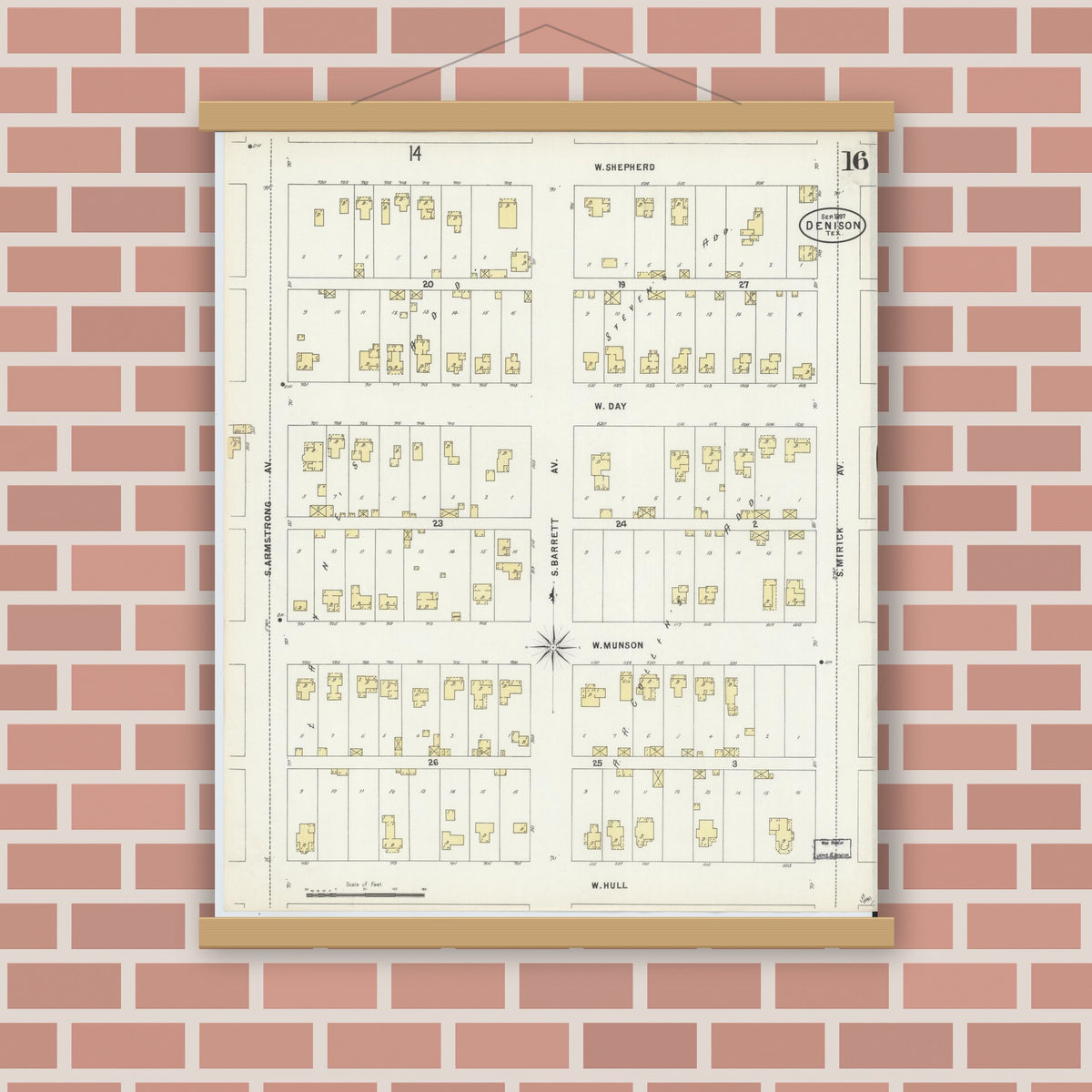 Old map wall art mockup — magnetic wood frame on brick wall — Sanborn Fire Insurance Map from Denison, Grayson County, Texas (1897), Sheet #0016