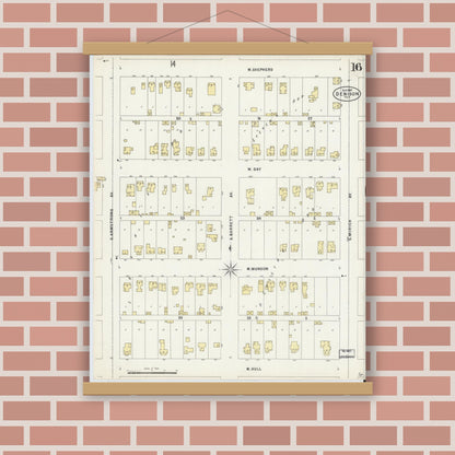 Old map wall art mockup — magnetic wood frame on brick wall — Sanborn Fire Insurance Map from Denison, Grayson County, Texas (1897), Sheet #0016