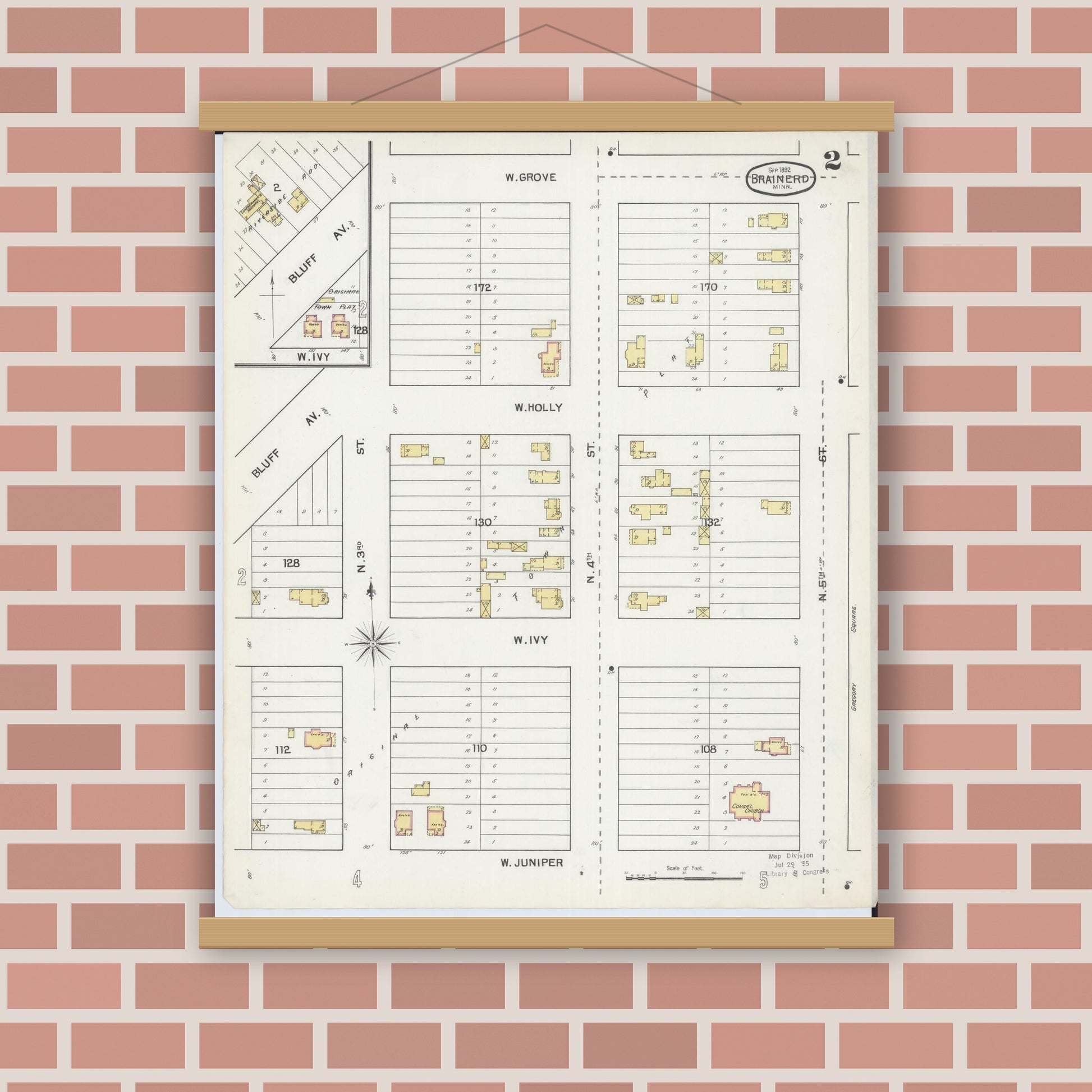 Old map wall art mockup — magnetic wood frame on brick wall — Sanborn Fire Insurance Map from Brainerd, Crow Wing County, Minnesota (1892), Sheet #0002