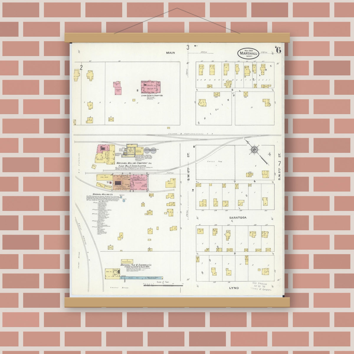 Old map wall art mockup — magnetic wood frame on brick wall — Sanborn Fire Insurance Map from Marshall, Lyon County, Minnesota (1909), Sheet #0006
